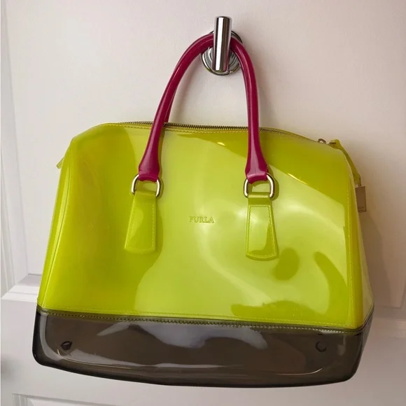 Furla Candy Bag Neon Multicolor Jelly Satchel Rubber Rare Padlock Italy - Picture 6 of 14